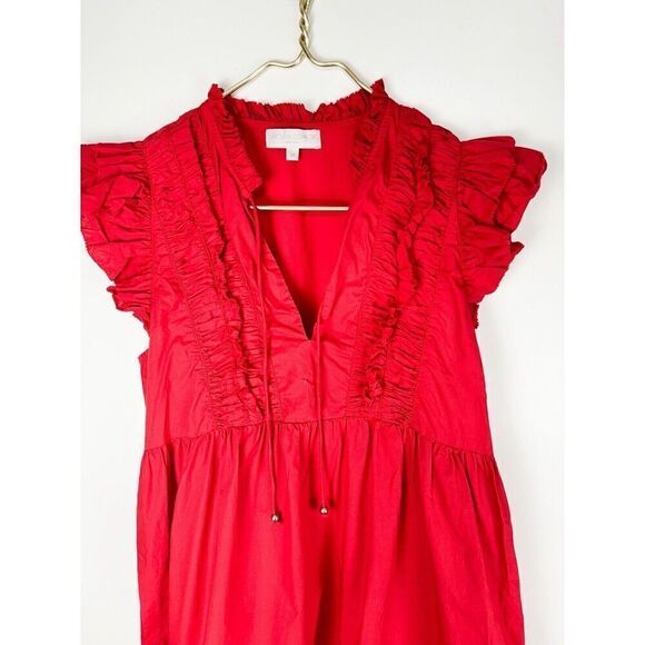 CAROLINE CONSTAS New York Solid Bright Red Shirred Dress Size Medium - Picture 4 of 9